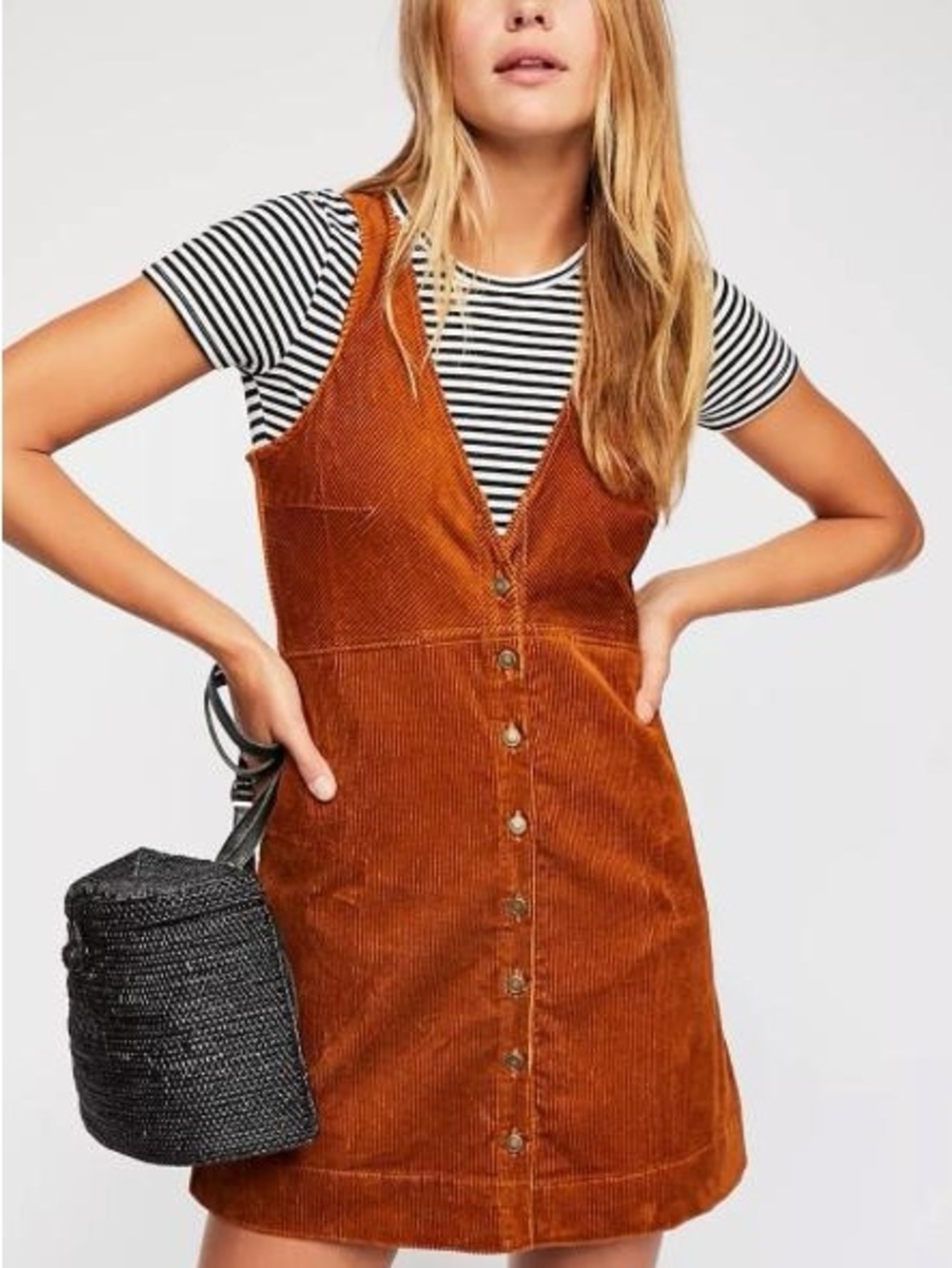 Free People Rust Corduroy Button-Front Pinafore Dress
